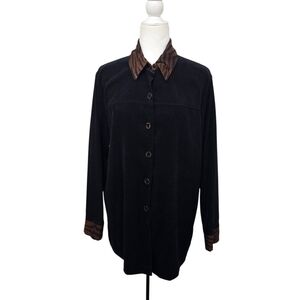 Button Down Faux Velvet Shacket Blouse Long Sleeve Black Tiger Print Tunic XL